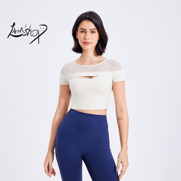 Lamshop Drop Shoulder Spun Yarn Fixed Coaster Fitness Short Sleeve Bra Casual Running Pilates Yoga Clothes Sports T-shirt Top