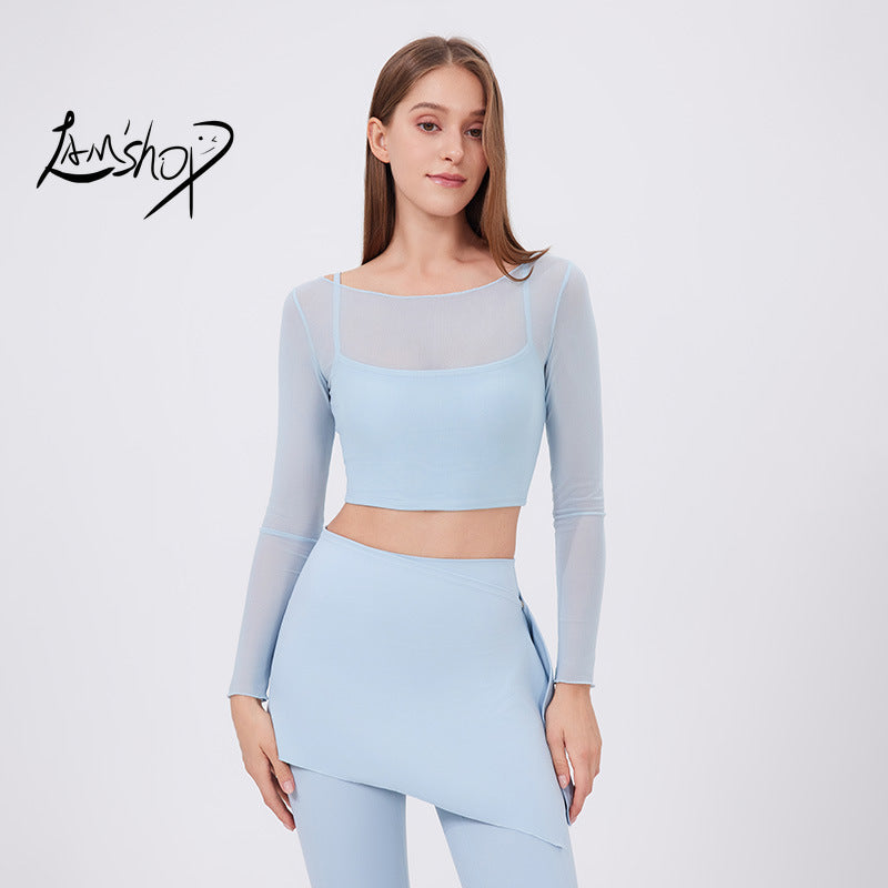 Lamshop fake two-piece mesh sports T-shirt women's long sleeves, chest pad, yoga clothes, navel top, quick-drying and thin gym clothes