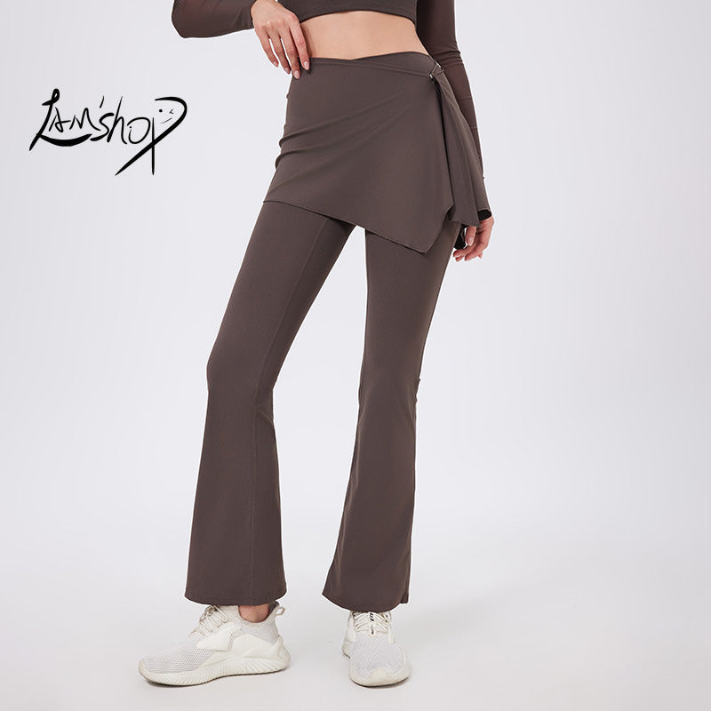 Lamshop two-piece set, high waist, pleated hips, nude yoga pants, fart curtains, running pants, breathable fitness flared pants