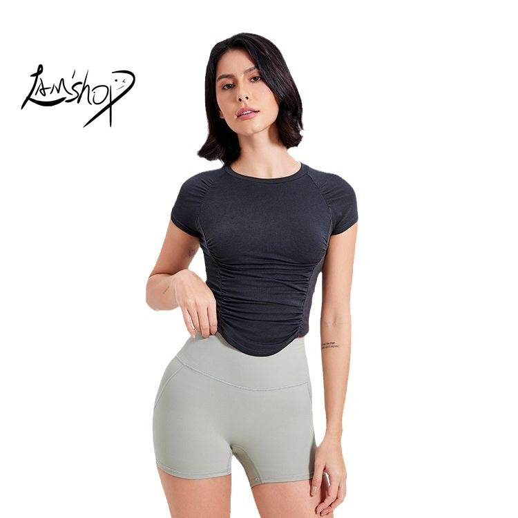 Lamshop Breathable Quick-Drying Exercise Top Women's Pleated Short-Sleeved T-shirt Running Training Clothes Slimming Cool Fitness Clothes Yoga Clothes