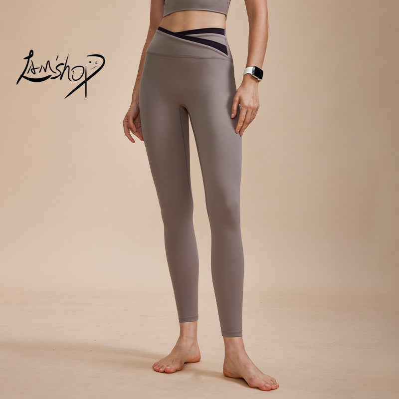 Lamshop High Waist Hip Lift Yoga Pants Peach Hip Fitness Pants Women's Contrast Color Tight Stretch Quick-Drying Hip-Lifting Sports Pants New