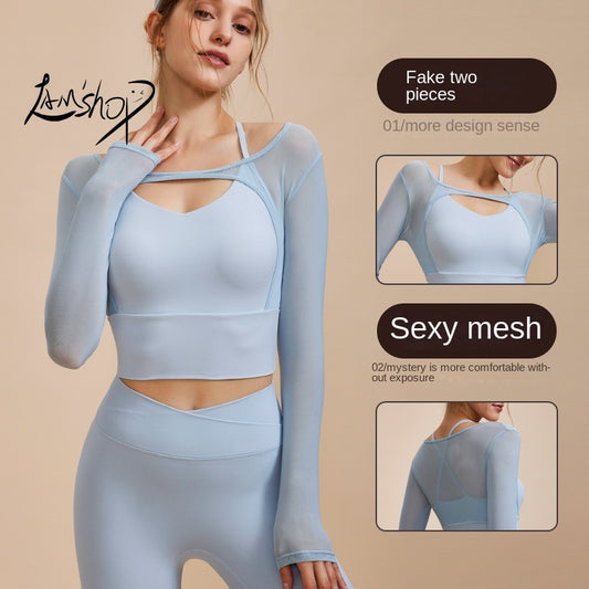 Lamshop New Sexy Fake Two-Piece Mesh Yoga Clothes Long Sleeve Tight Breathable Sports Running Workout Quick-Drying Top T-shirt