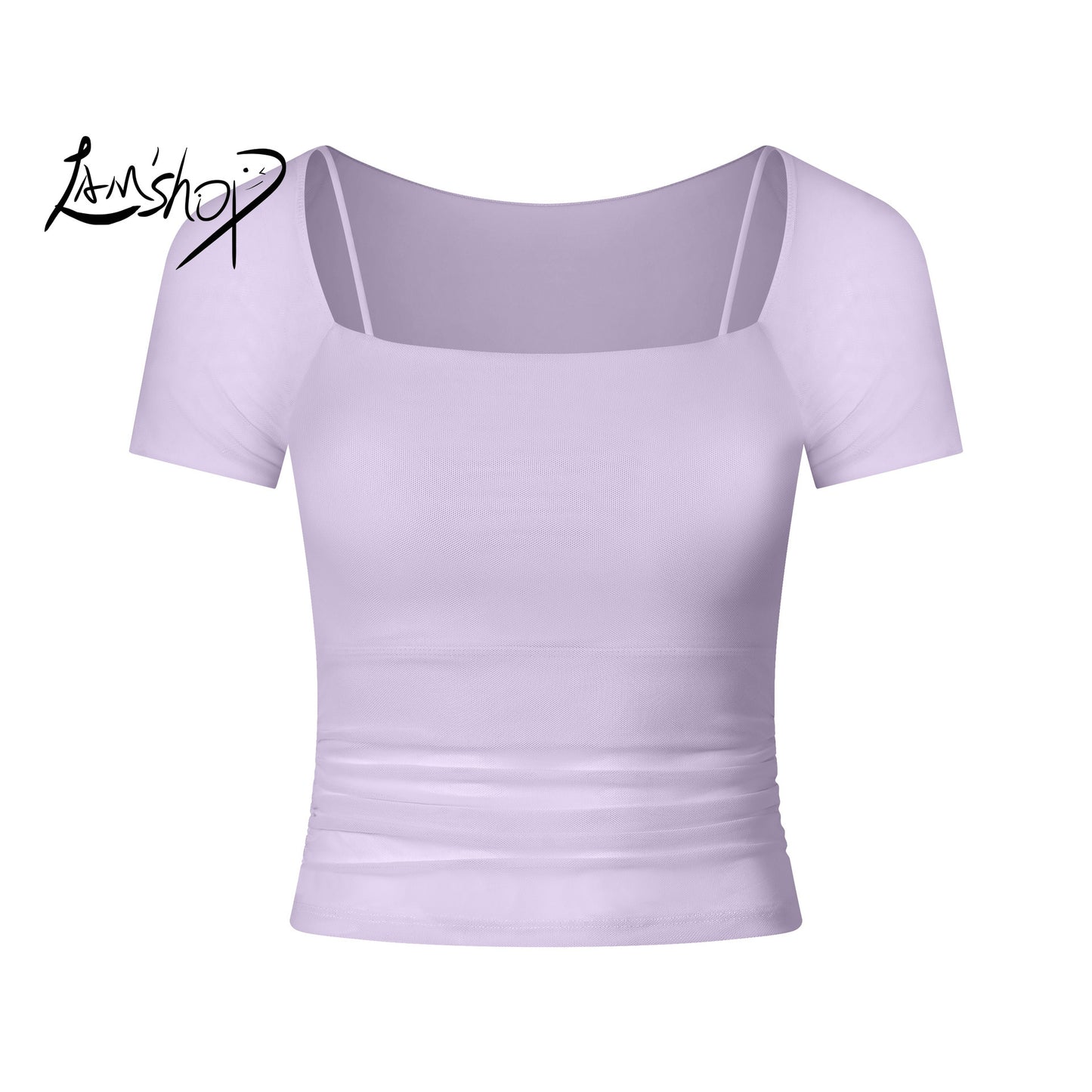 Lamshop Fake Two-Piece Mesh Fixed Cup Sports Underwear Women's Outer Wear Running Abdominal Exercising Band Chest Pad Yoga Clothes Long-Sleeved Top Summer