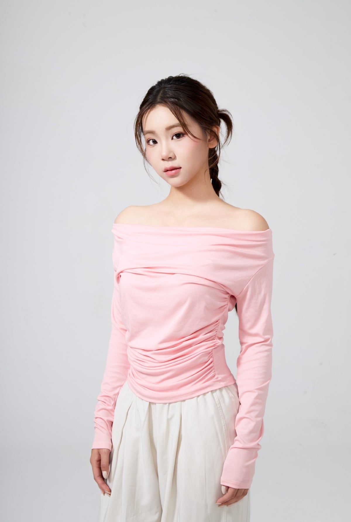 Fall and winterslimming look swing collar blouse side waist shirring korean style yoga clothes long sleeves sloping shoulders gentle yoga tops for women