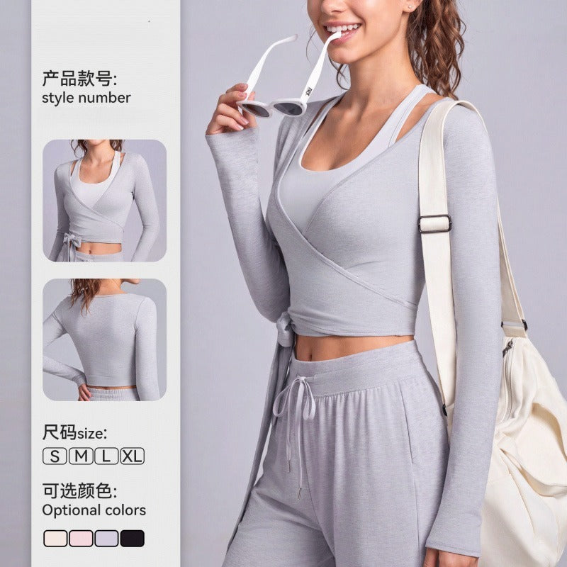 Mad lion feather yarn v-neck fashion crop top yoga long sleeve tie-up activewear