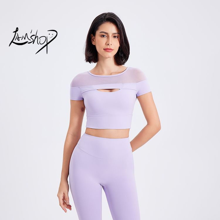 Lamshop Drop Shoulder Spun Yarn Fixed Coaster Fitness Short Sleeve Bra Casual Running Pilates Yoga Clothes Sports T-shirt Top