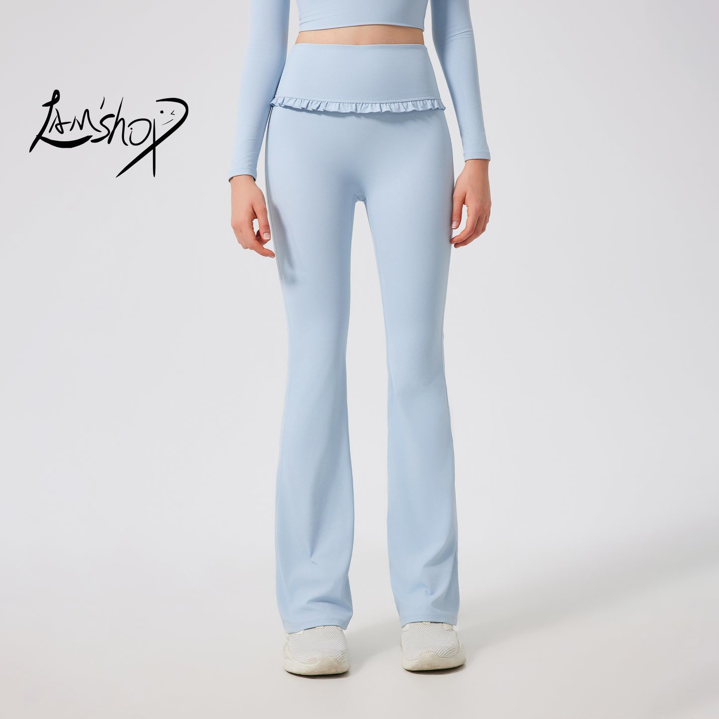 Lamshop ruffle edge slightly pulled yoga pants women's high waist and thin sports flared pants slim and breathable casual fitness trousers