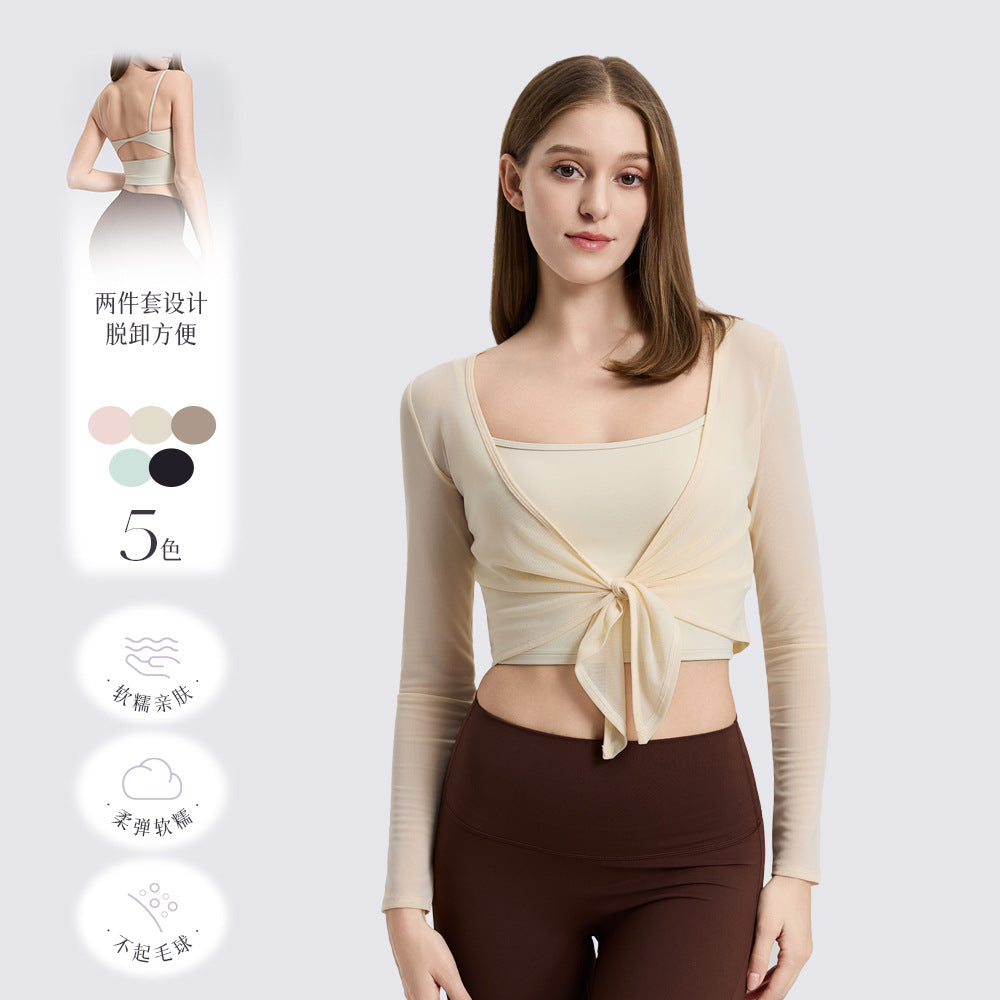 Mad lion two-piece yoga top set: tie-front long sleeve running quick-dry cover-up with built-in sports bra, all-in-one cup fitness dance top [sports bra + cover-up]
