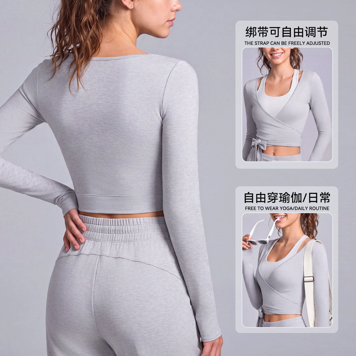 Mad lion feather yarn v-neck fashion crop top yoga long sleeve tie-up activewear
