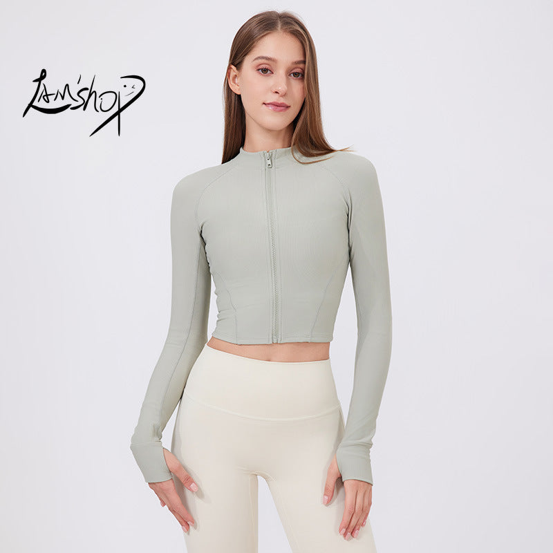 Lamshop Stand Collar Yoga Clothes Women's Zipper Slim Fit Sports Jacket High Elastic Outdoor Nude Feel Long Sleeve Running Fitness Clothes Top