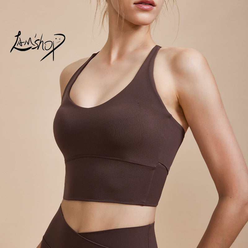 Lamshop High-Strength Yoga Vest One-Piece Cup Shockproof Breathable Beauty Back Top with Chest Pad Workout Exercise Underwear Women