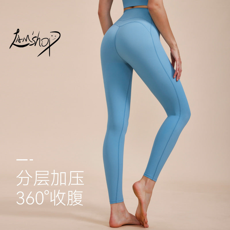 Lamshop's new high-waisted jelly belly yoga pants, women's non-strangling fish bone waist protection fitness running peach yoga pants