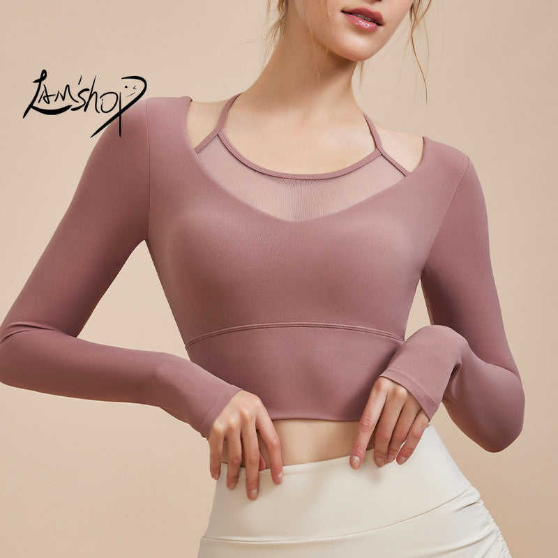 Lamshop Winter New Sexy Fake Two-Piece Yoga Clothes Long-Sleeved T-shirt Skinny Slimming Outdoor Sports Running Fitness Top