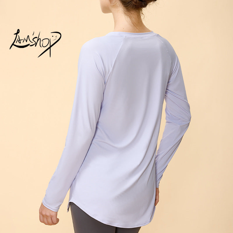 Lamshop autumn and winter new yoga sports top loose breathable thin hip cover T-shirt running fitness long sleeves