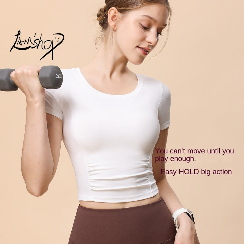 Lamshop Summer Back Shaping U-Shaped Mesh Sports Short Sleeve Women's Pleated Meat Hiding Yoga T-shirt Running Sports Tight Top Women