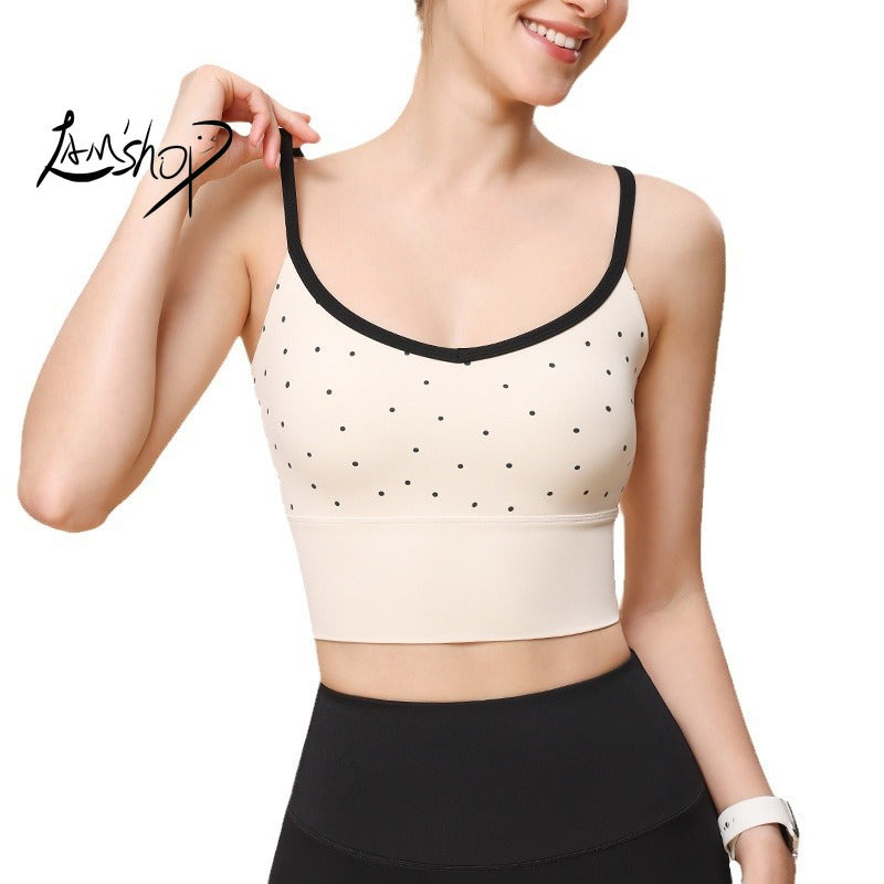 Lamshop New Polka Dot Sports Bra Moisture Wicking Breast Holding Sports Bra Simple Spaghetti Strap Belly Contracting Yoga Jacket