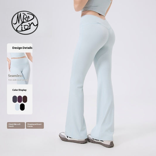 MAD LION Barely There Deep V Hip High Elasticity Sports Pants Butt Lift Fitness Yoga Flared Pants Slimming High Waist Peach Tight Long Pants