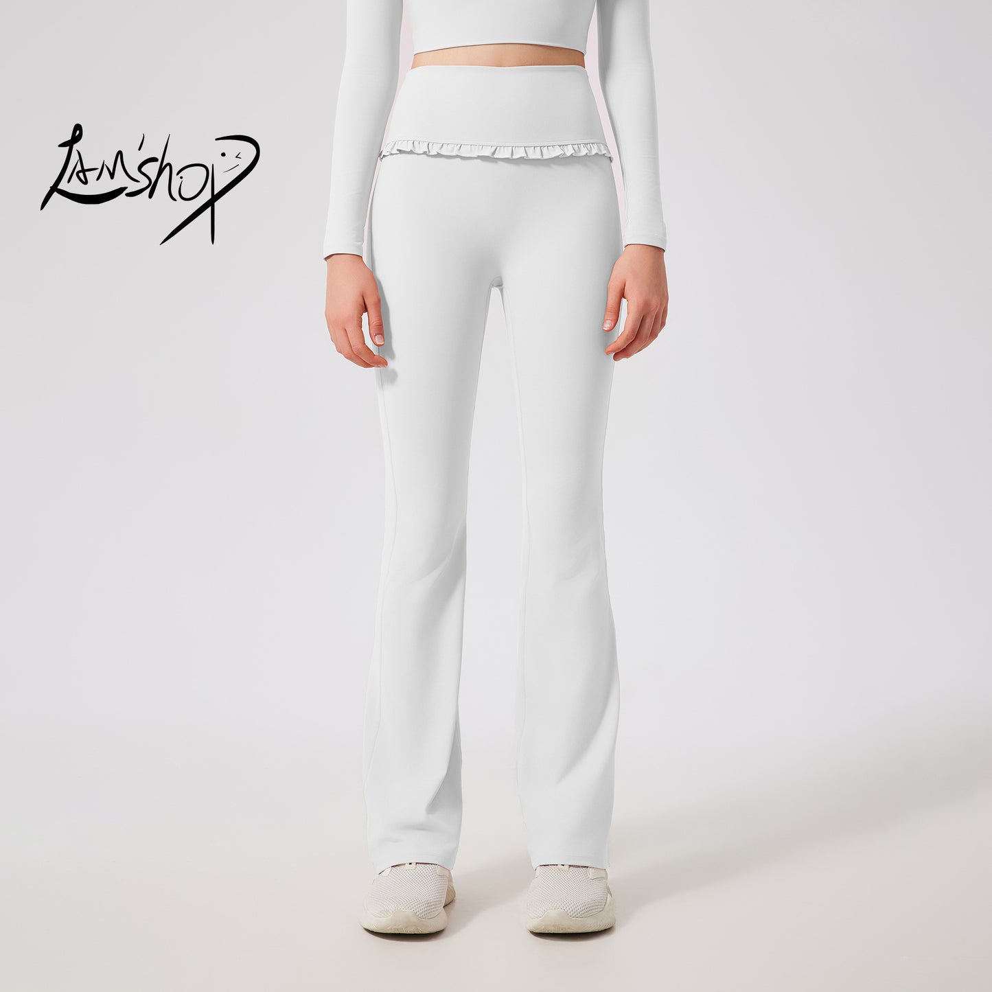 Lamshop ruffle edge slightly pulled yoga pants women's high waist and thin sports flared pants slim and breathable casual fitness trousers