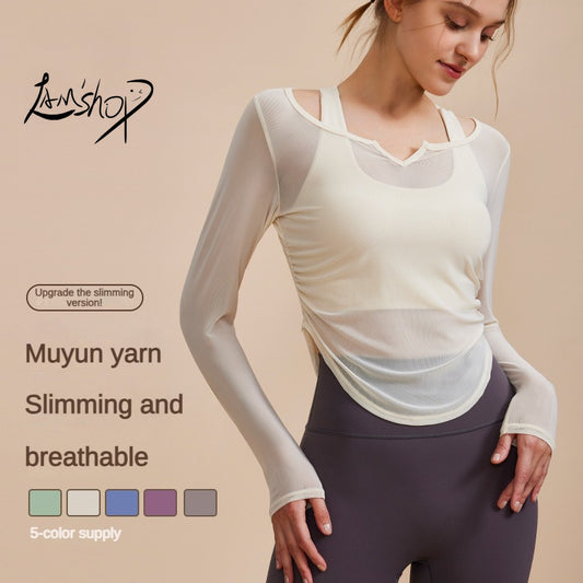 Lamshop New Sexy Mesh Yoga Clothes Long-Sleeved Top Breathable Slimming Versatile Outdoor Sports Running Fitness Clothes Women