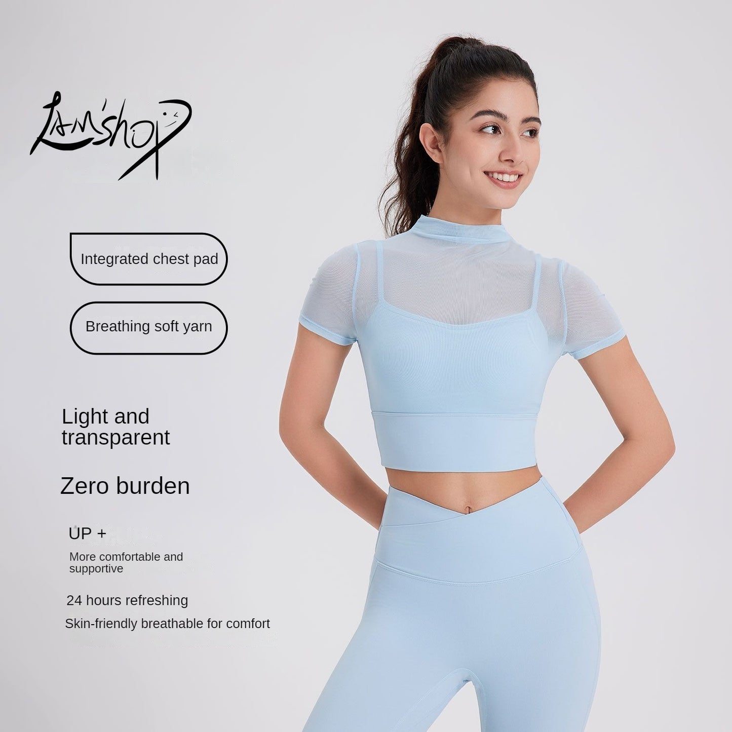 Lamshop Sexy Mesh Yoga Clothes Short Sleeve Running Quick-Drying Sports Bra with Chest Pad One-Piece Cup Workout Clothes Top