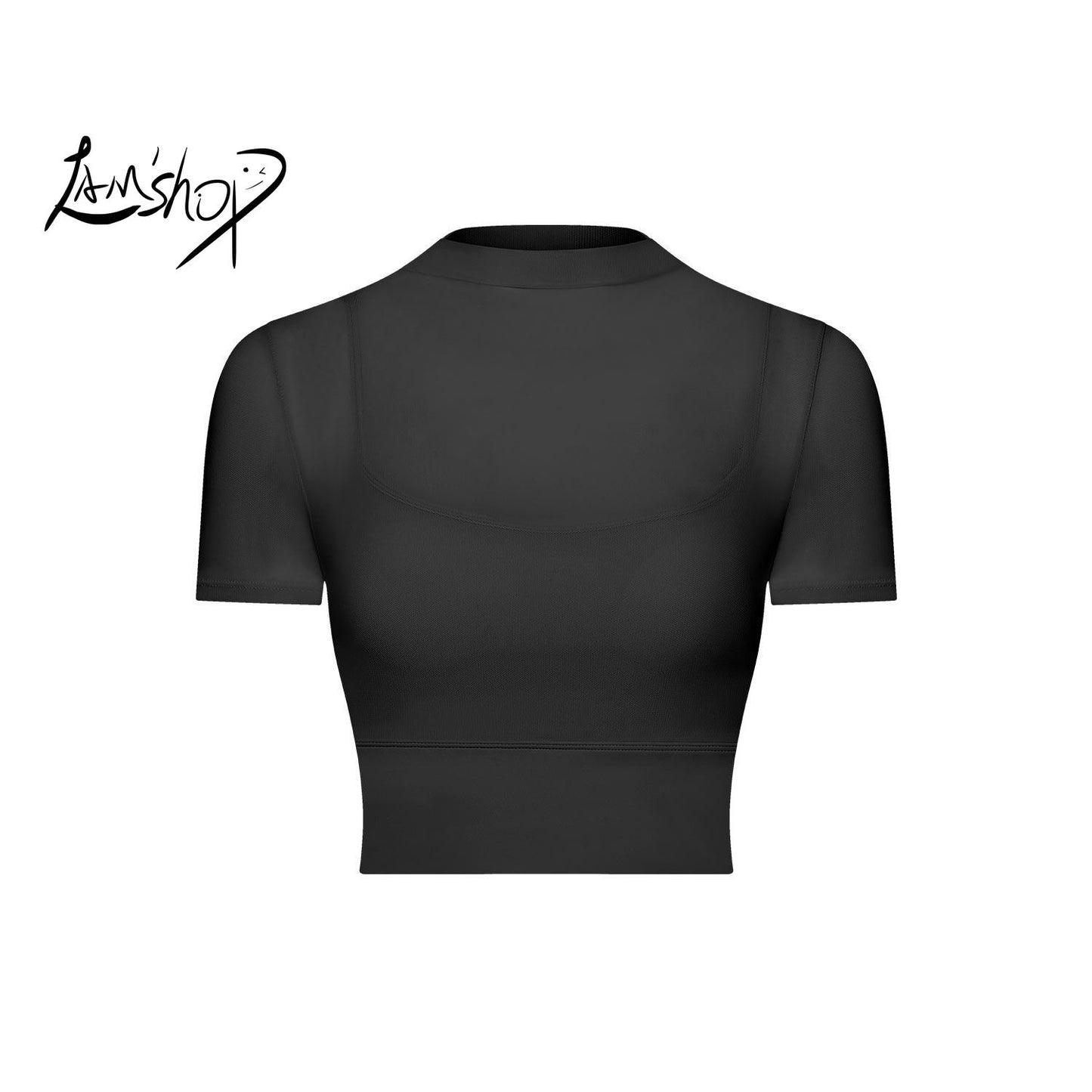 Lamshop Sexy Mesh Yoga Clothes Short Sleeve Running Quick-Drying Sports Bra with Chest Pad One-Piece Cup Workout Clothes Top