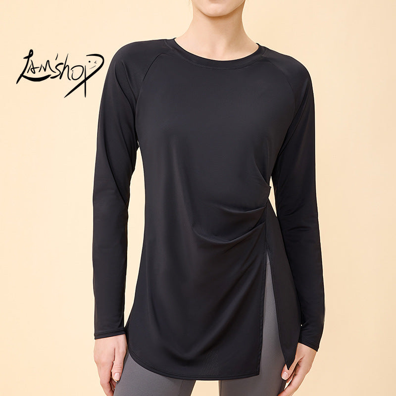 Lamshop autumn and winter new yoga sports top loose breathable thin hip cover T-shirt running fitness long sleeves