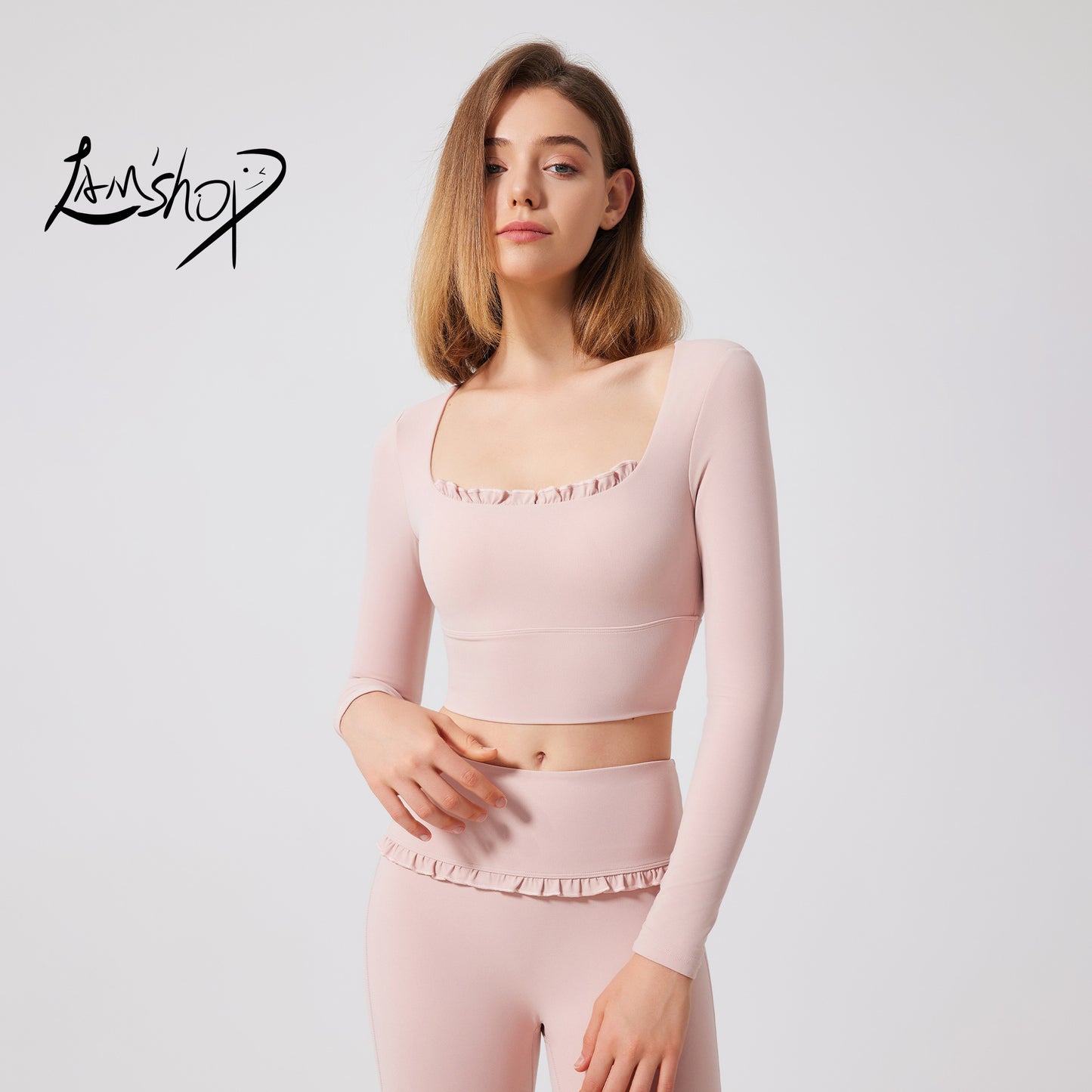 Lamshop autumn and winter nude lace yoga clothes long sleeves semi-fixed cup running slim sports bra breathable gym clothes top