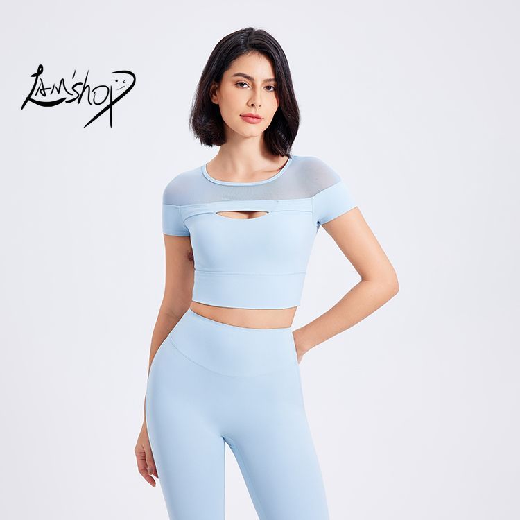 Lamshop Drop Shoulder Spun Yarn Fixed Coaster Fitness Short Sleeve Bra Casual Running Pilates Yoga Clothes Sports T-shirt Top