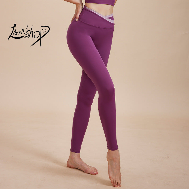 Lamshop High Waist Hip Lift Yoga Pants Peach Hip Fitness Pants Women's Contrast Color Tight Stretch Quick-Drying Hip-Lifting Sports Pants New