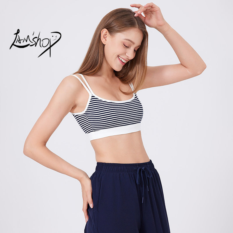 Lamshop Ribbed Yoga Vest Women's Shoulder Straps Sports Underwear Fixed Cup Striped Inner Small Suspender Beauty Back Fitness Bra