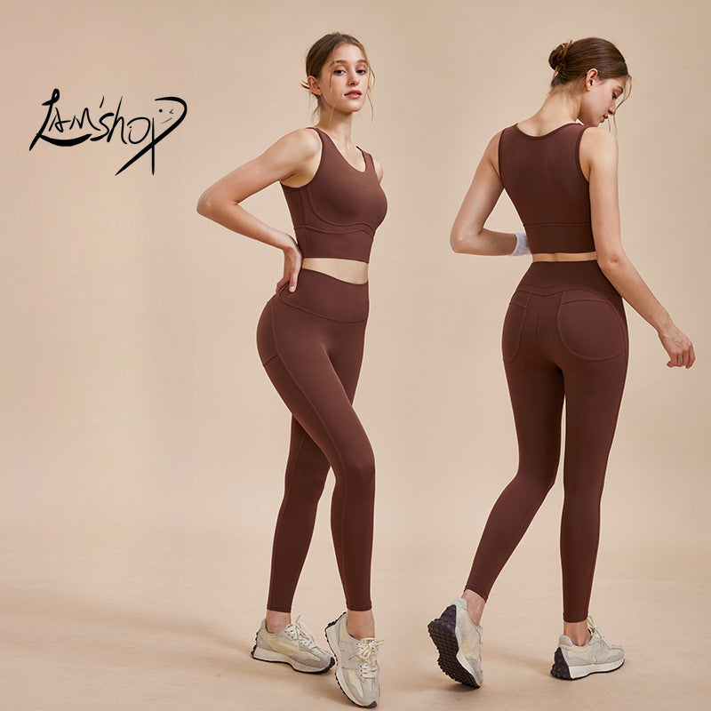 Lamshop New High-Strength Sports Bra Wide Shoulder Strap Yoga Vest High Waist Shaping Peach Pants Yoga Clothes Suit