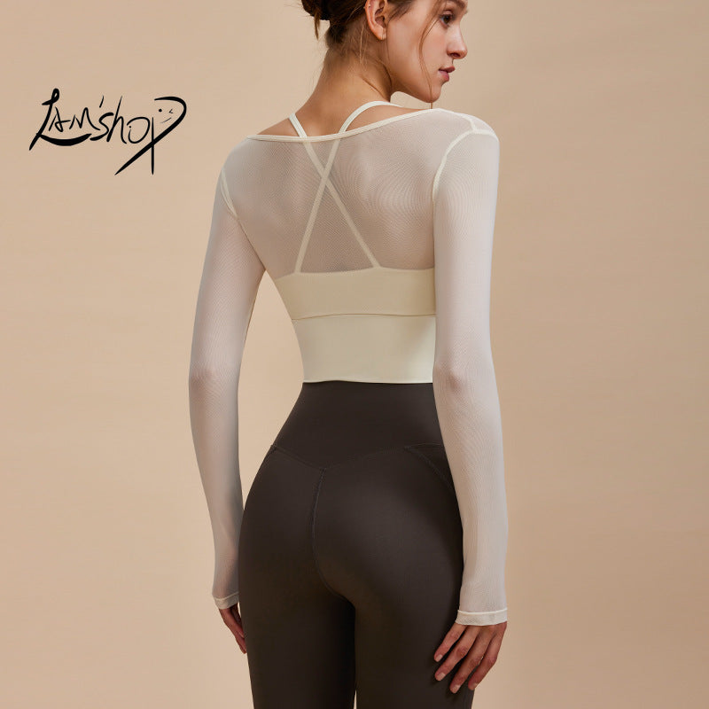 Lamshop New Sexy Fake Two-Piece Mesh Yoga Clothes Long Sleeve Tight Breathable Sports Running Workout Quick-Drying Top T-shirt