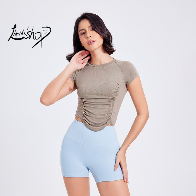 Lamshop Breathable Quick-Drying Exercise Top Women's Pleated Short-Sleeved T-shirt Running Training Clothes Slimming Cool Fitness Clothes Yoga Clothes