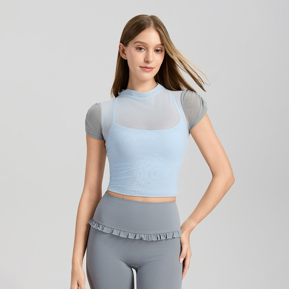 Mad lion new mesh yoga top with built-in bra - short sleeve, quick-dry, sports bra, all-in-one cup, fitness top
