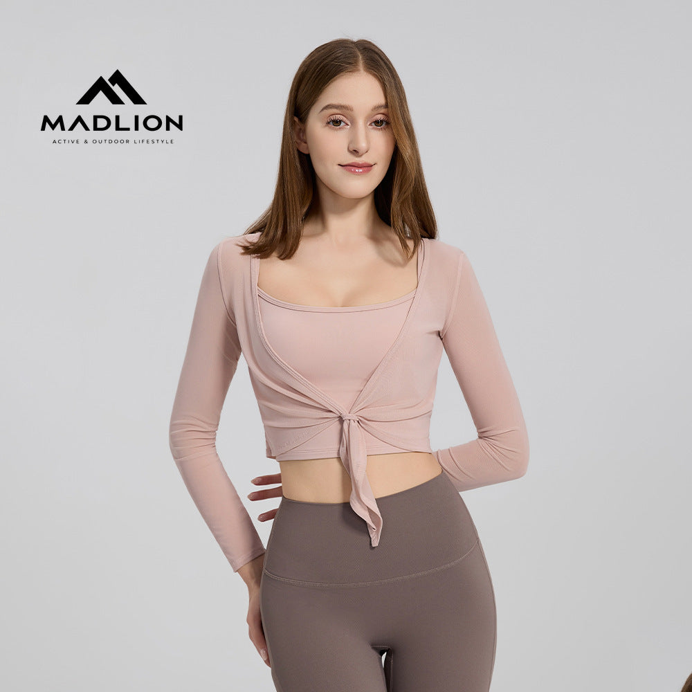 Mad lion two-piece yoga top set: tie-front long sleeve running quick-dry cover-up with built-in sports bra, all-in-one cup fitness dance top [sports bra + cover-up]