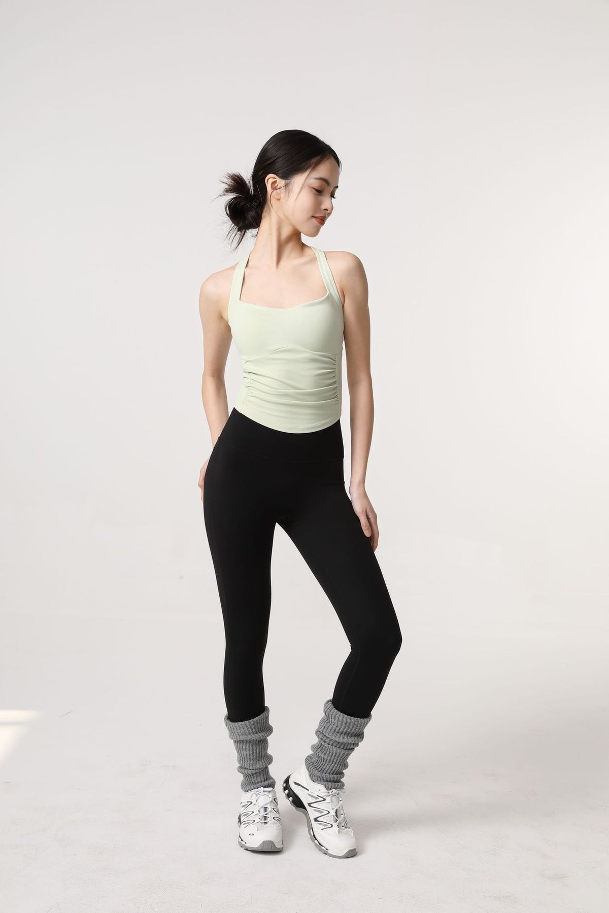 Mad lion cinched waist backless yoga top - women's slimming pilates & workout top with side waist ruching