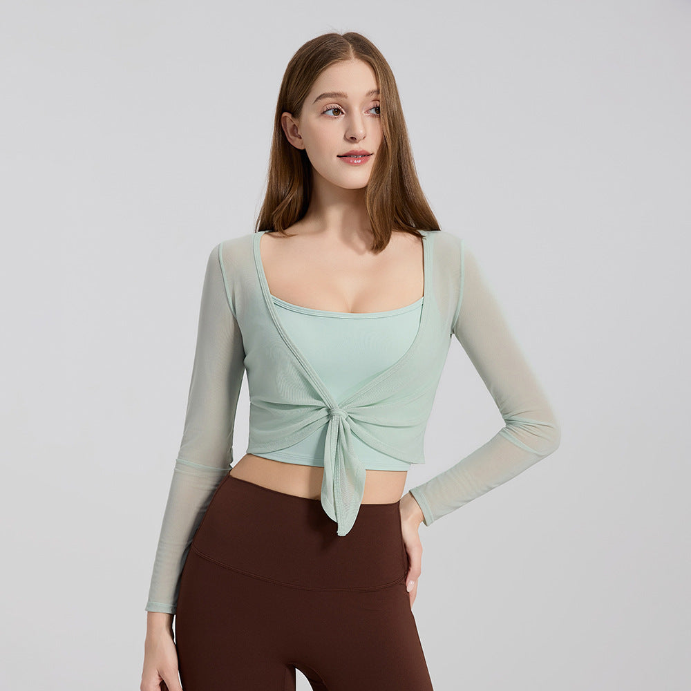 Mad lion two-piece yoga top set: tie-front long sleeve running quick-dry cover-up with built-in sports bra, all-in-one cup fitness dance top [sports bra + cover-up]