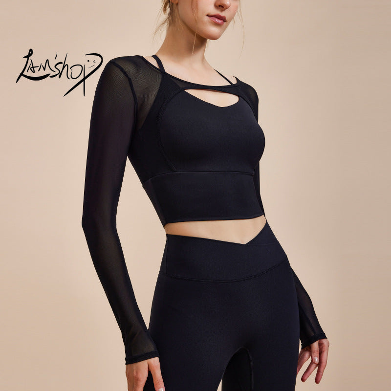 Lamshop New Sexy Fake Two-Piece Mesh Yoga Clothes Long Sleeve Tight Breathable Sports Running Workout Quick-Drying Top T-shirt