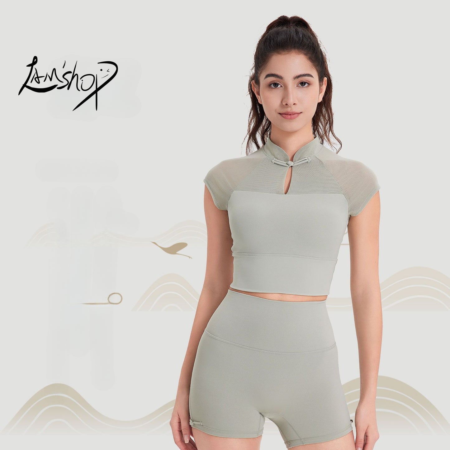 Lamshop National Style Mesh Sexy Sports Short Sleeve Underwear Women's Spring and Summer Quick-Drying Casual T-shirt Slim-Fit Yoga Wear Workout Top