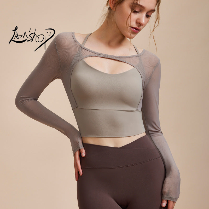 Lamshop New Sexy Fake Two-Piece Mesh Yoga Clothes Long Sleeve Tight Breathable Sports Running Workout Quick-Drying Top T-shirt