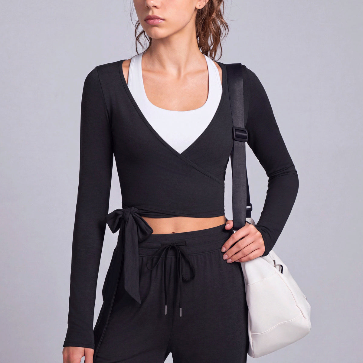 Mad lion feather yarn v-neck fashion crop top yoga long sleeve tie-up activewear