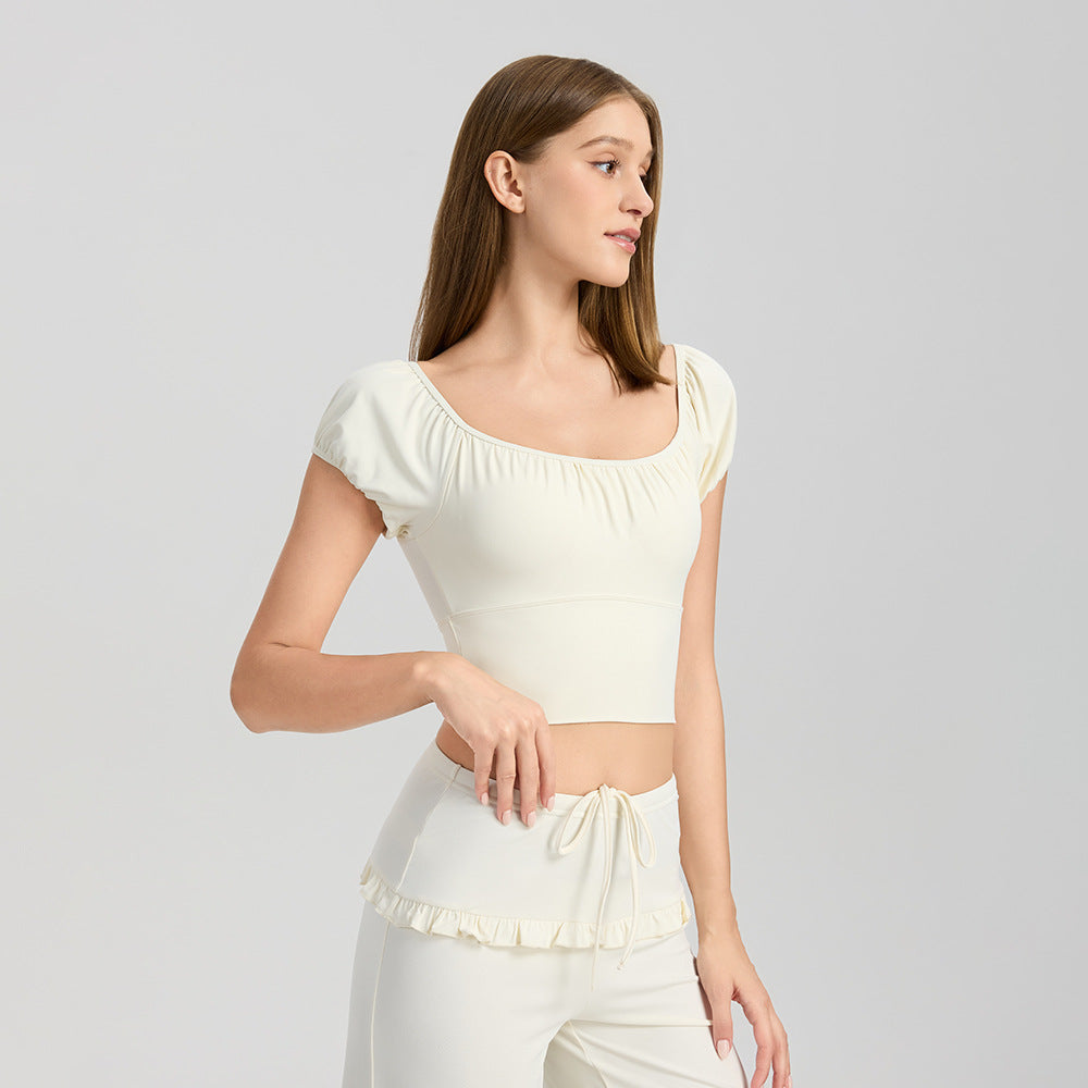 Mad lion bud sleeve off-shoulder yoga top with built-in bra - short sleeve, quick-dry activewear for running and fitness